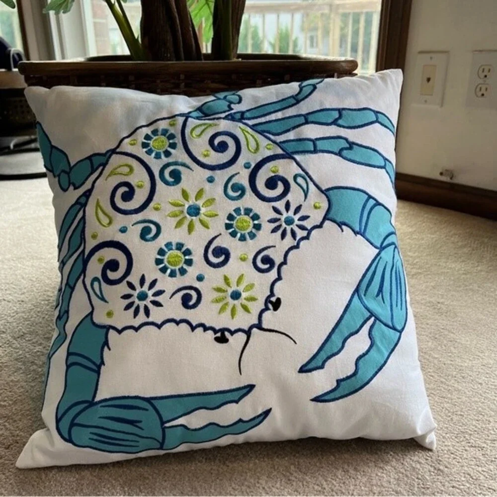 Embroidered Whimsical Throw Pillows Blue Crab and Sand Dollar 18”